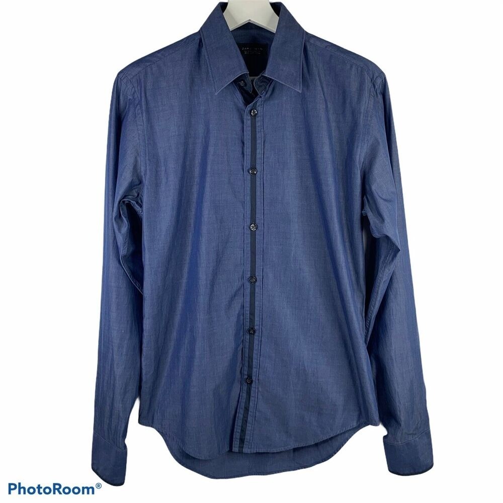 Zara Man Size Small Shirt Fitted‎ Button Up Chambray Long Sleeve Collared Men's